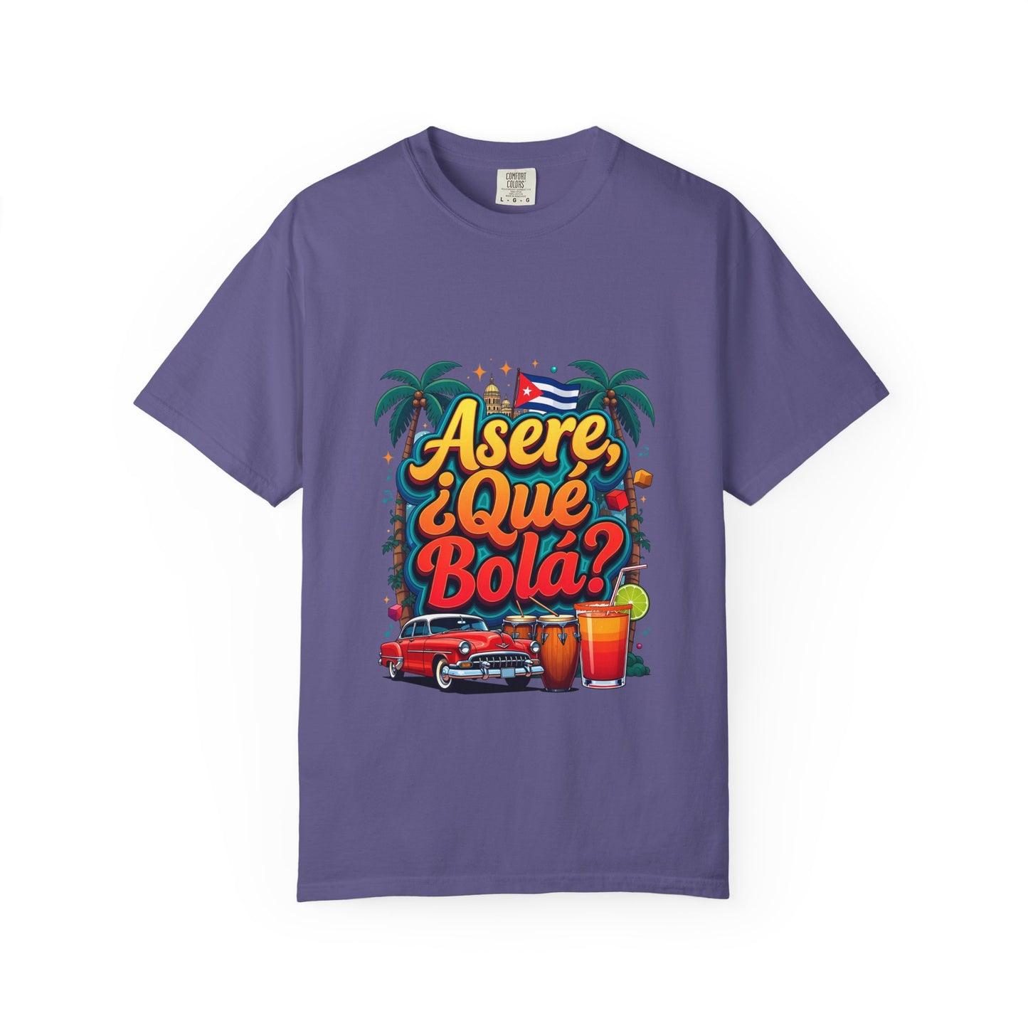 Cuban Vibes T-Shirt — "Asere, ¿Qué Bola?" Retro Car & Tropical Flag Design