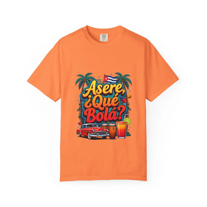 Cuban Vibes T-Shirt — "Asere, ¿Qué Bola?" Retro Car & Tropical Flag Design