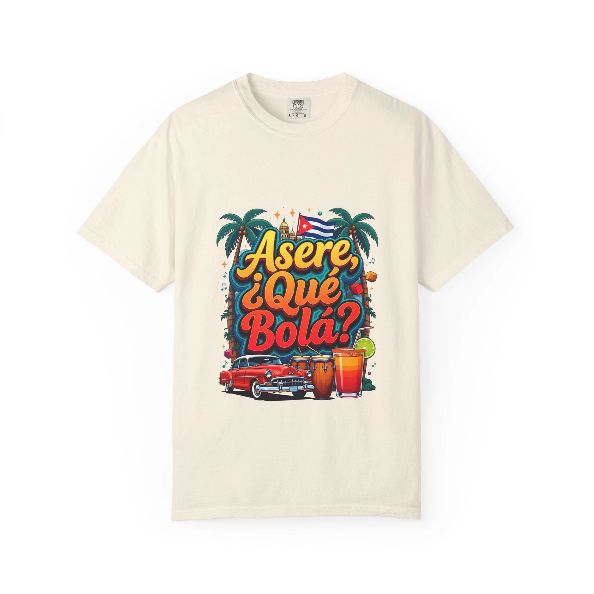 Cuban Vibes T-Shirt — "Asere, ¿Qué Bola?" Retro Car & Tropical Flag Design