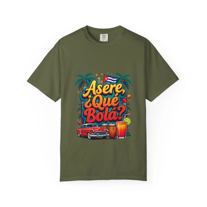 Cuban Vibes T-Shirt — "Asere, ¿Qué Bola?" Retro Car & Tropical Flag Design