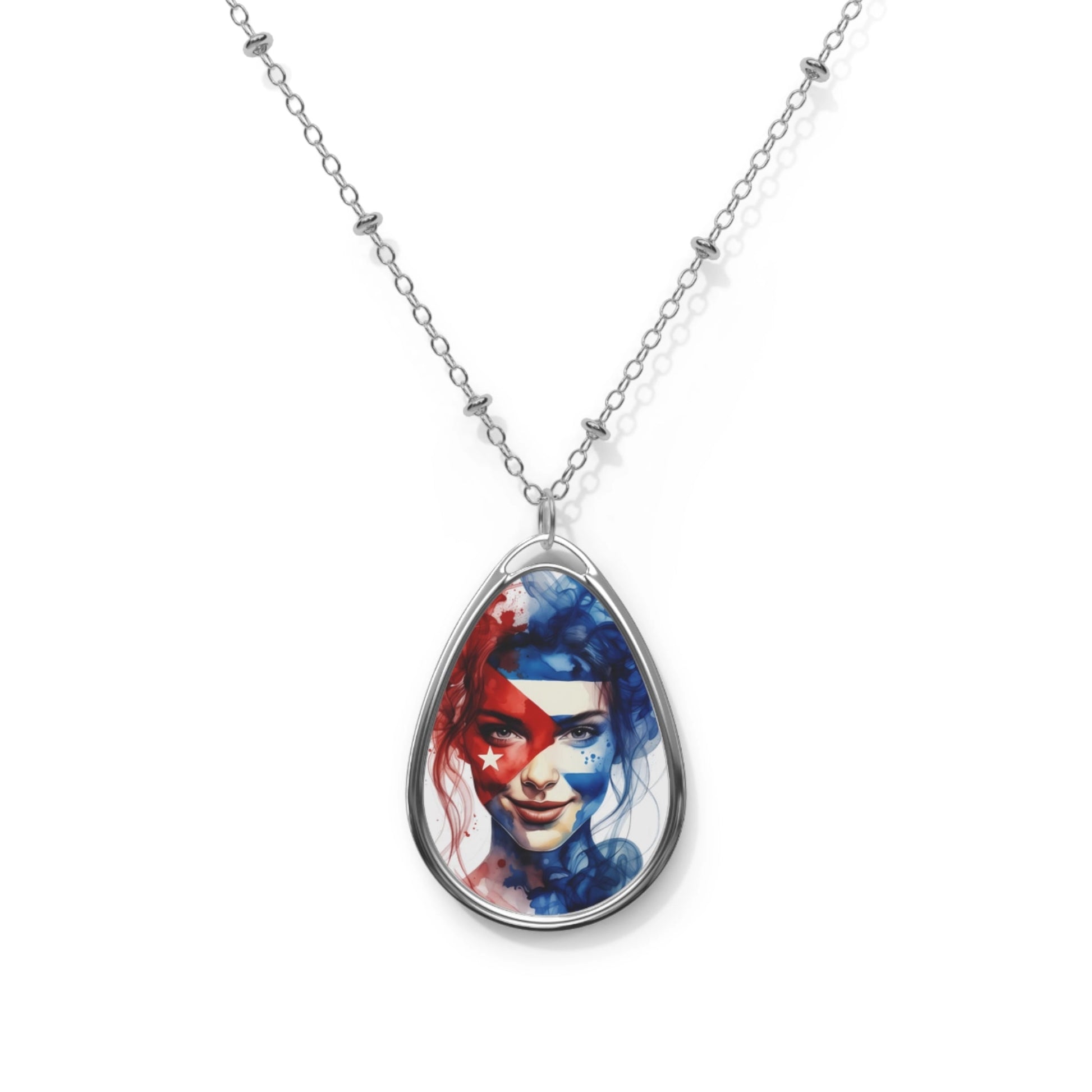 Patriotic Watercolor Portrait Oval Necklace