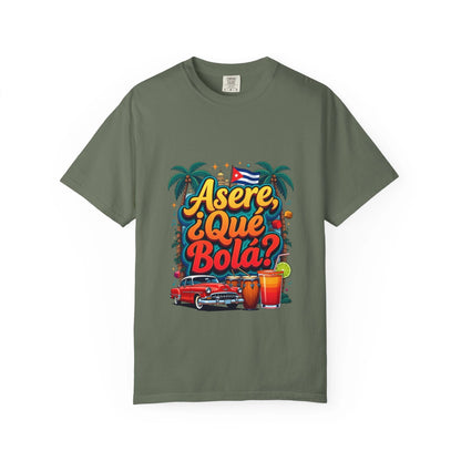 Cuban Vibes T-Shirt — "Asere, ¿Qué Bola?" Retro Car & Tropical Flag Design