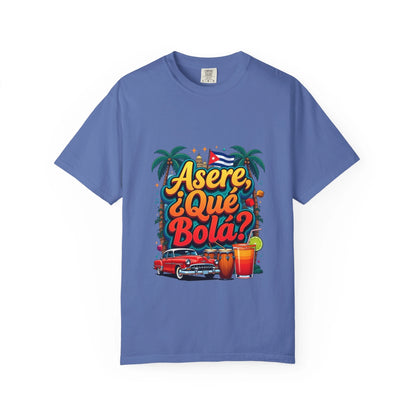 Cuban Vibes T-Shirt — "Asere, ¿Qué Bola?" Retro Car & Tropical Flag Design