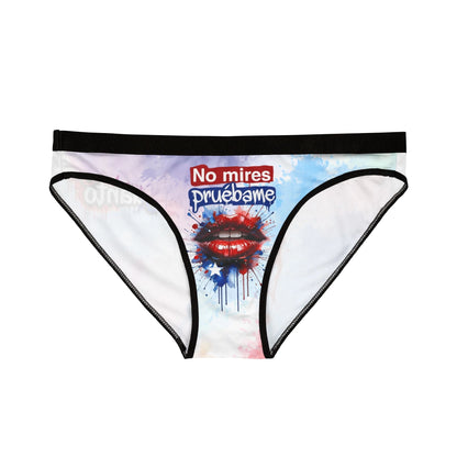 Graphic Lip Print Women's Bikini Briefs — "No Mires, Pruébame" Spanish Slogan
