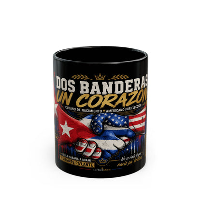 Dos Banderas Un Corazón™ Black Ceramic Mug – Taza Cubano Americana de Orgullo y Herencia | 11oz & 15oz