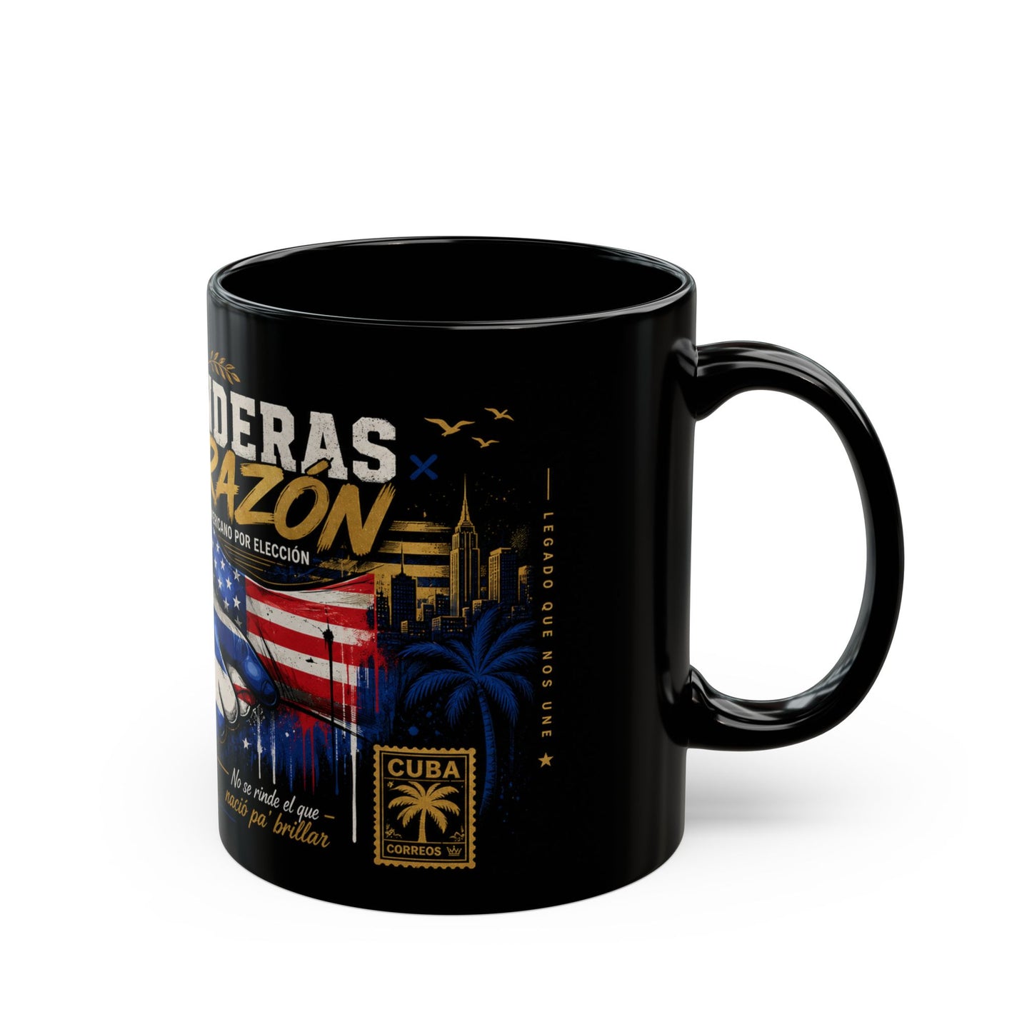 Dos Banderas Un Corazón™ Black Ceramic Mug – Taza Cubano Americana de Orgullo y Herencia | 11oz & 15oz