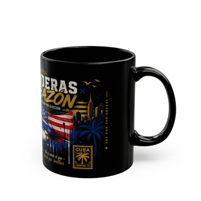 Dos Banderas Un Corazón™ Black Ceramic Mug – Taza Cubano Americana de Orgullo y Herencia | 11oz & 15oz
