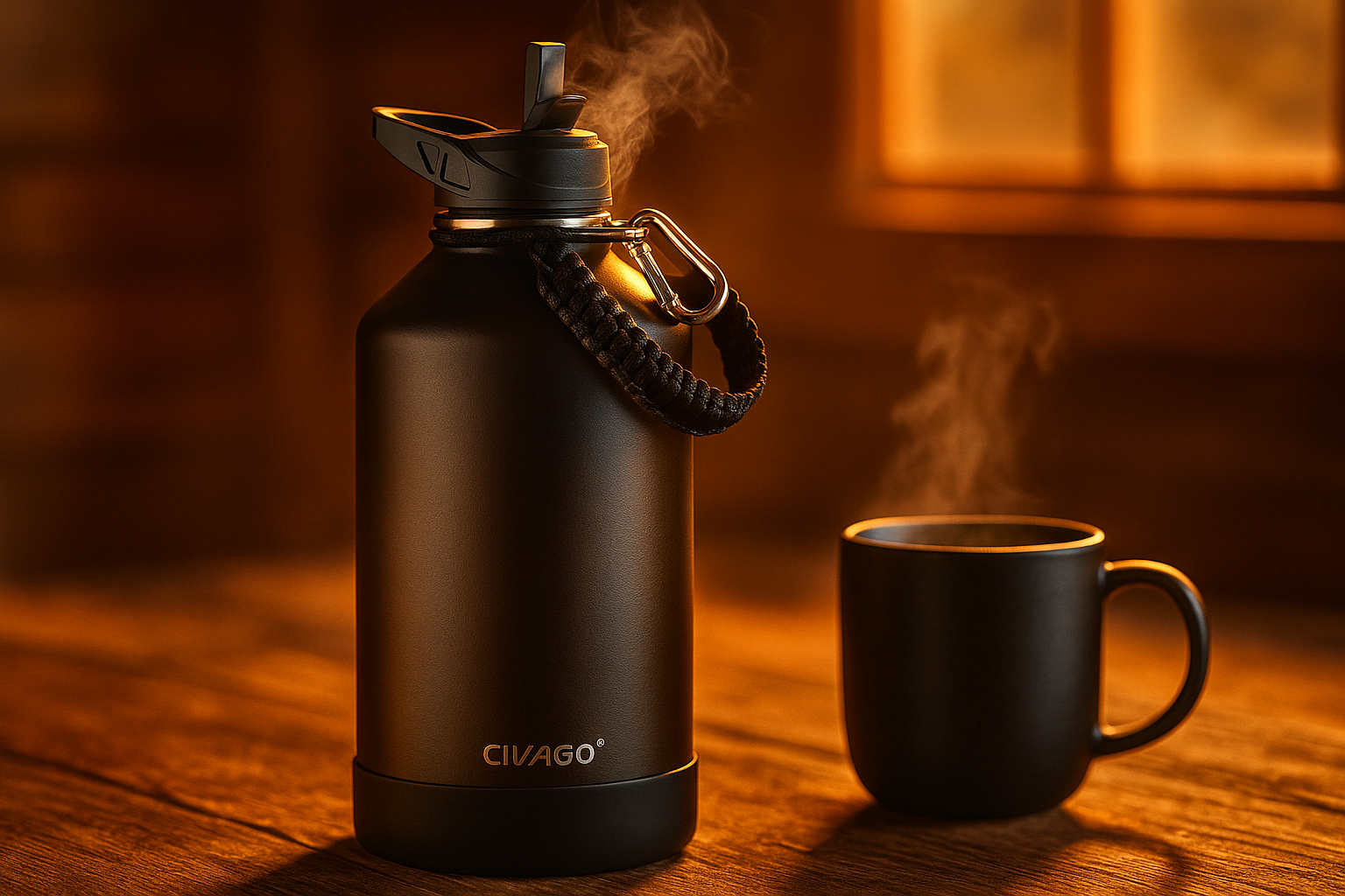CIVAGO Botella de Agua Aislada 128 oz con 3 Tapas – Pajilla, Boquilla y Asa | Jarra Deportiva de Acero Inoxidable 1 Galón | Taza Térmica Grande Negro Medianoche - Herheishen Express