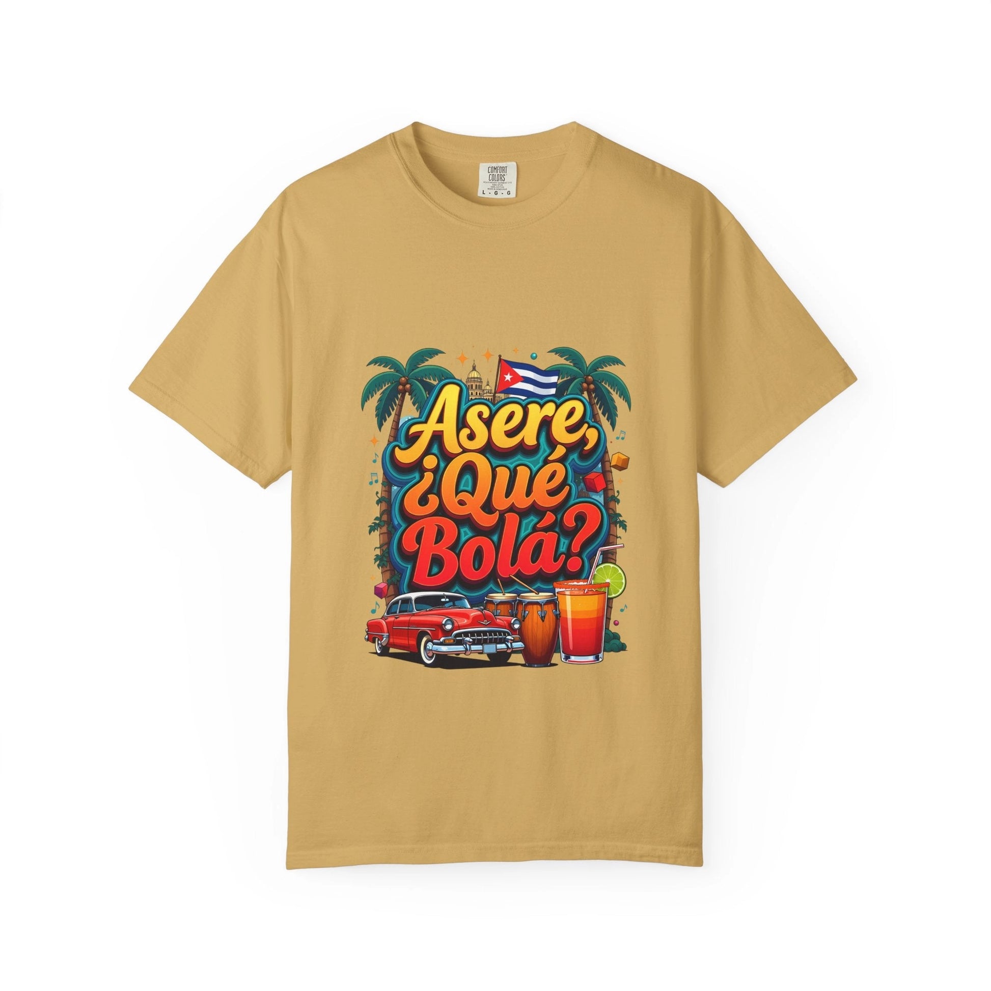 Cuban Vibes T-Shirt — "Asere, ¿Qué Bola?" Retro Car & Tropical Flag Design