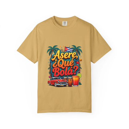 Cuban Vibes T-Shirt — "Asere, ¿Qué Bola?" Retro Car & Tropical Flag Design