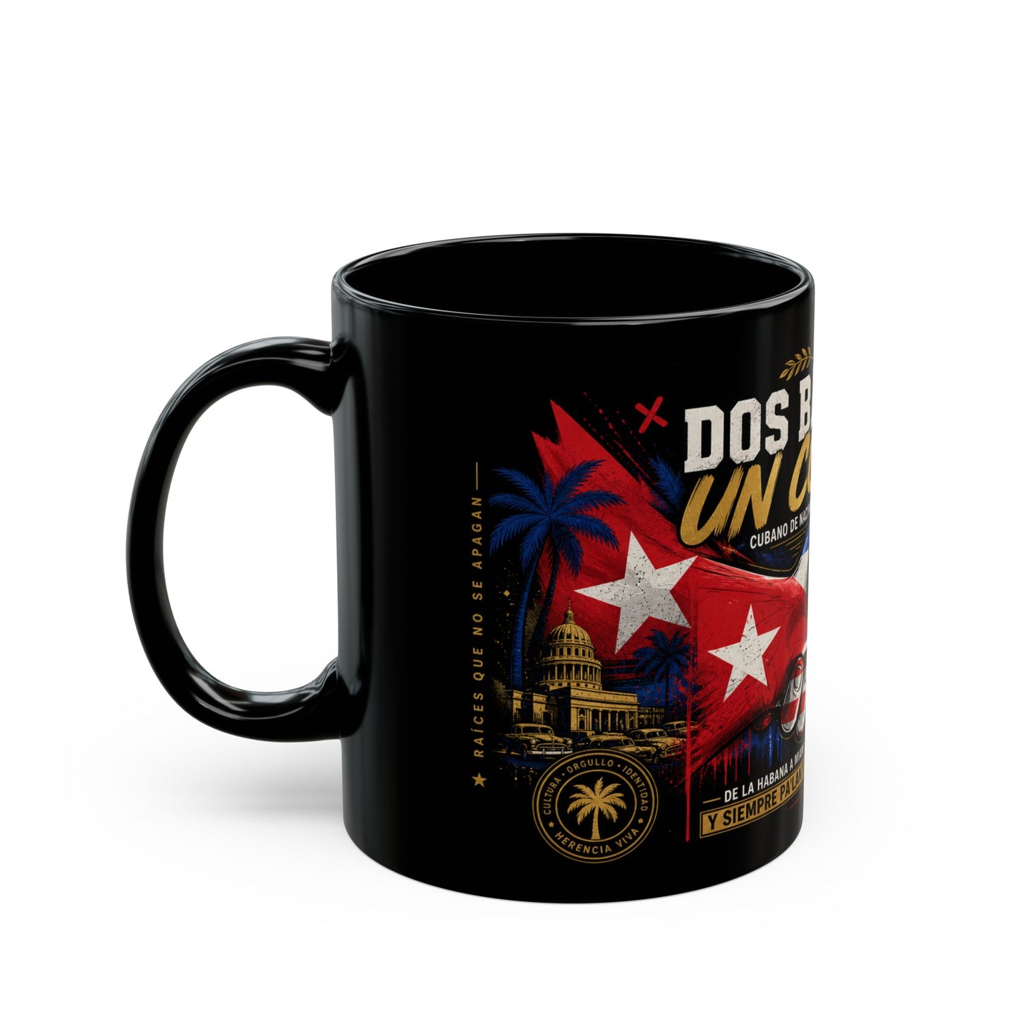 Dos Banderas Un Corazón™ Black Ceramic Mug – Taza Cubano Americana de Orgullo y Herencia | 11oz & 15oz