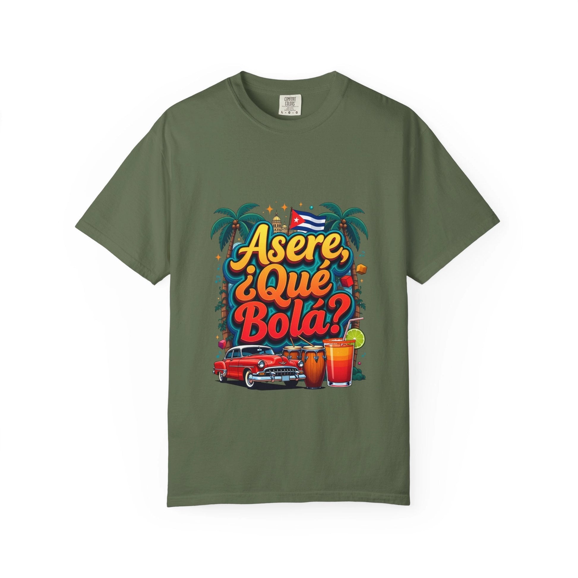 Cuban Vibes T-Shirt — "Asere, ¿Qué Bola?" Retro Car & Tropical Flag Design