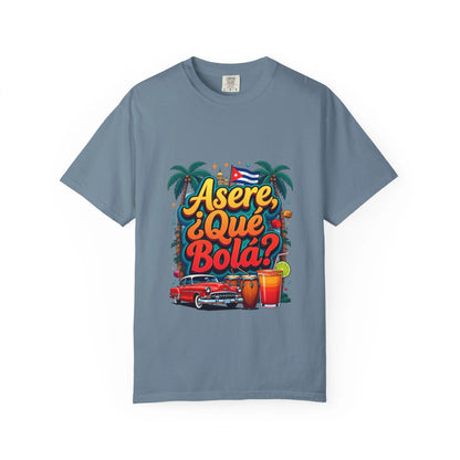 Cuban Vibes T-Shirt — "Asere, ¿Qué Bola?" Retro Car & Tropical Flag Design