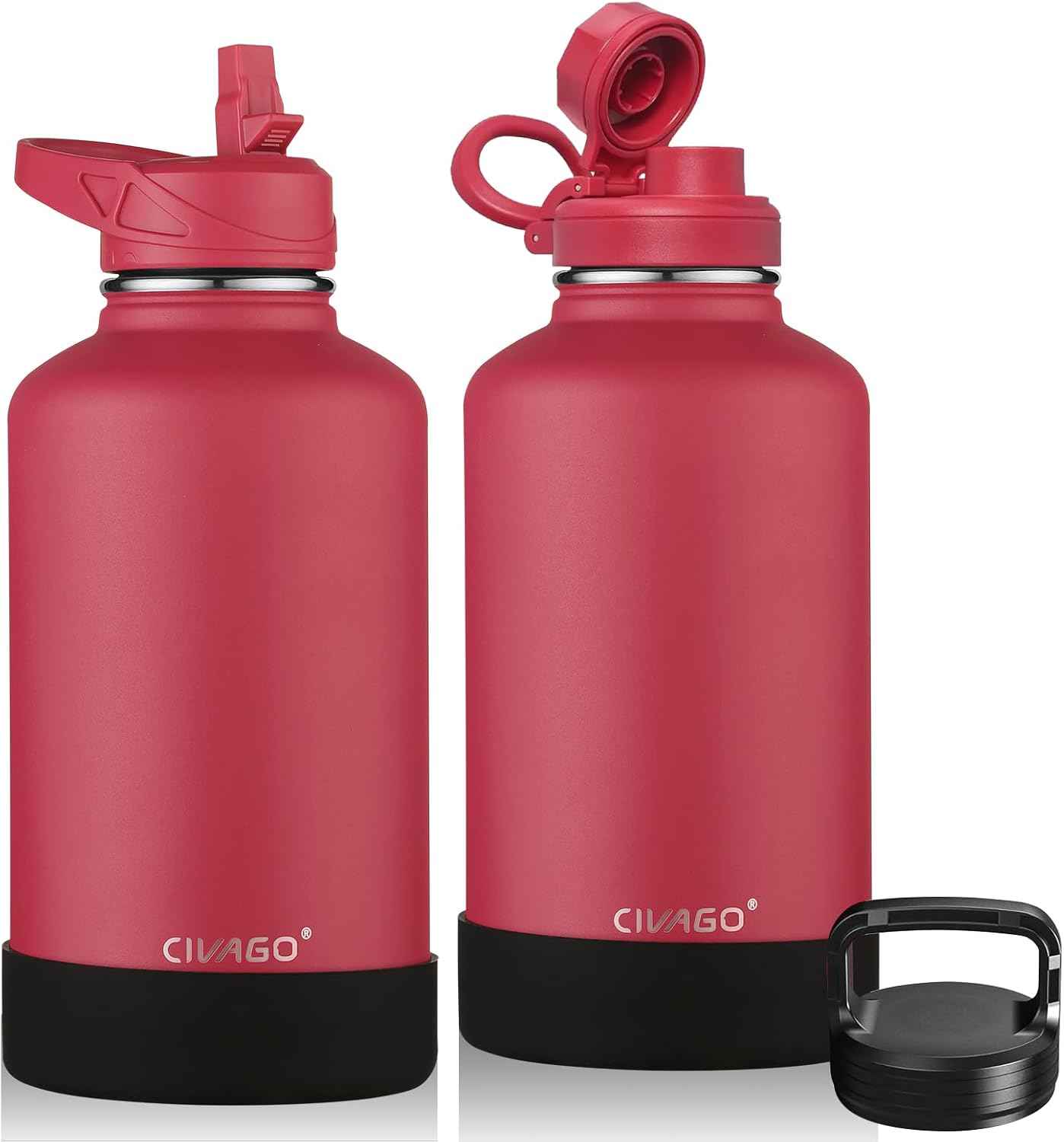 CIVAGO Botella de Agua Aislada 128 oz con 3 Tapas – Pajilla, Boquilla y Asa | Jarra Deportiva de Acero Inoxidable 1 Galón | Taza Térmica Grande Negro Medianoche