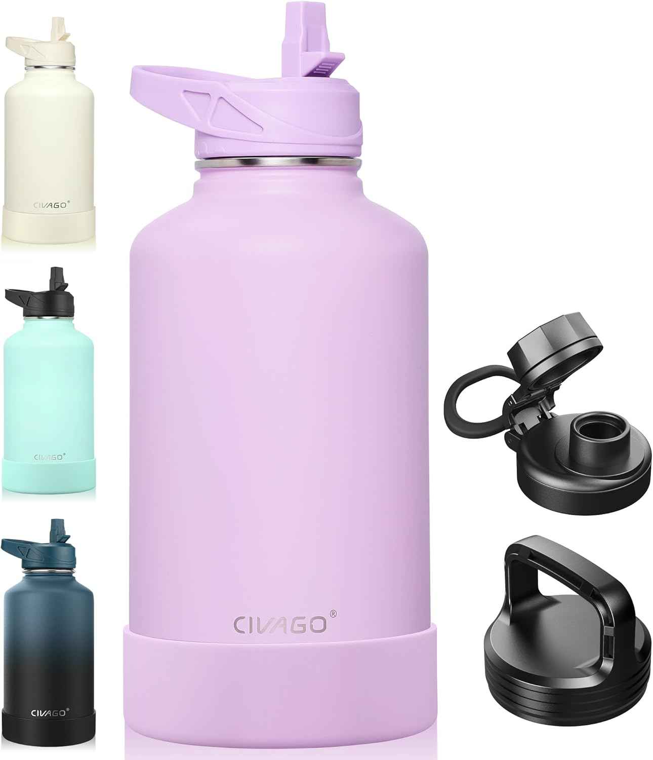 CIVAGO Botella de Agua Aislada 128 oz con 3 Tapas – Pajilla, Boquilla y Asa | Jarra Deportiva de Acero Inoxidable 1 Galón | Taza Térmica Grande Negro Medianoche