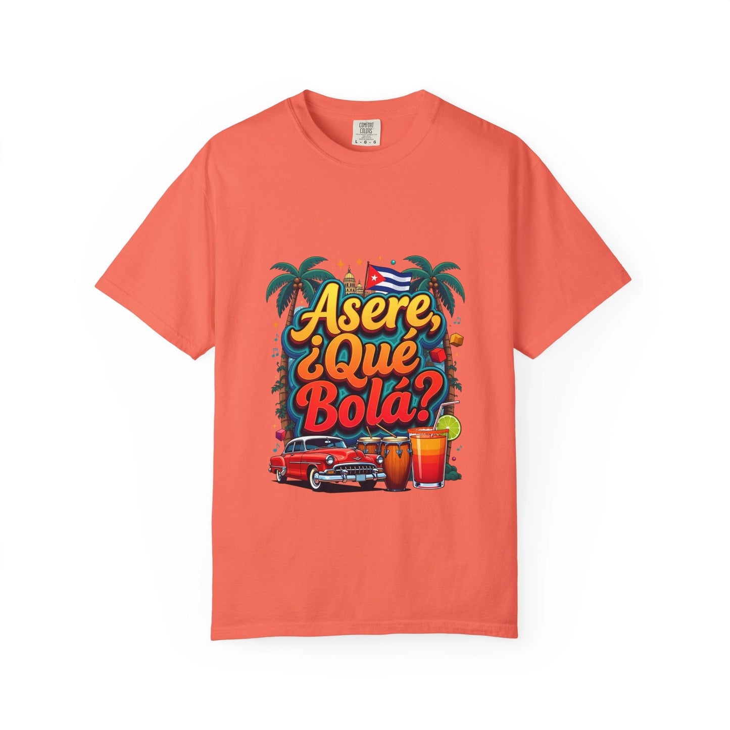 Cuban Vibes T-Shirt — "Asere, ¿Qué Bola?" Retro Car & Tropical Flag Design