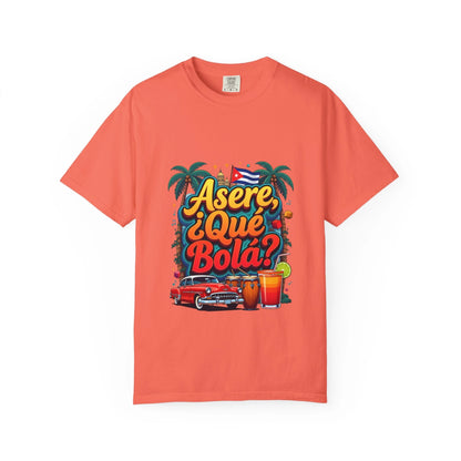 Cuban Vibes T-Shirt — "Asere, ¿Qué Bola?" Retro Car & Tropical Flag Design