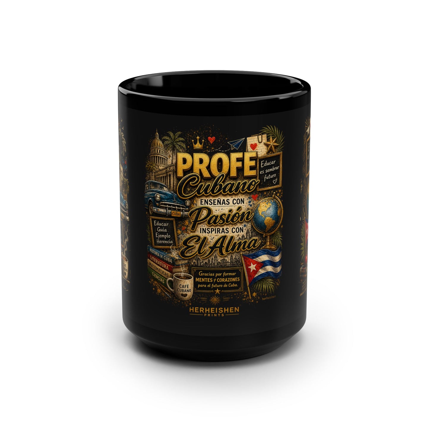 Taza Cubana “Profe Cubano: Enseñas con Pasión, Inspiras con el Alma” – Cerámica Negra 15 oz