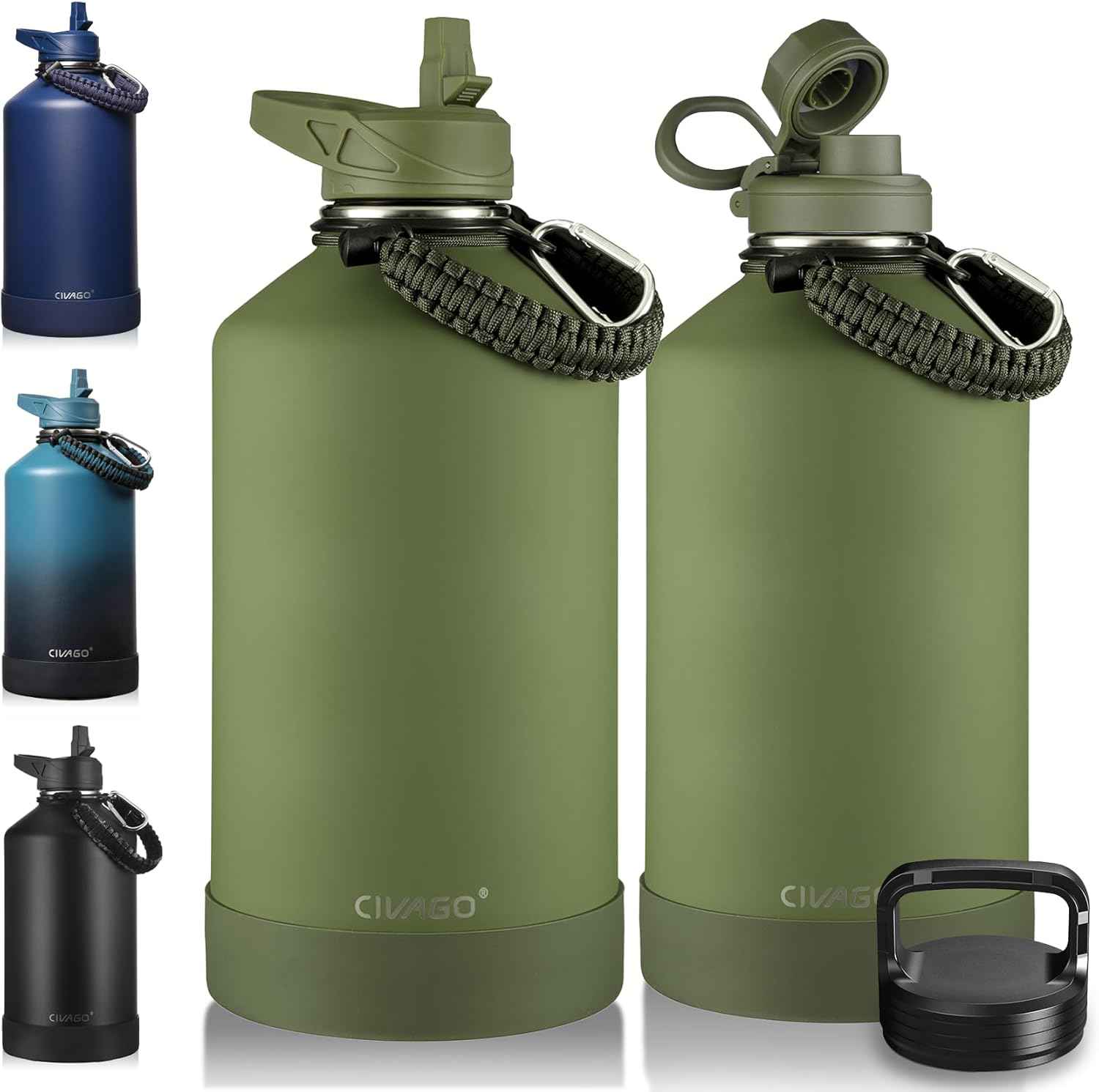 CIVAGO Botella de Agua Aislada 128 oz con 3 Tapas – Pajilla, Boquilla y Asa | Jarra Deportiva de Acero Inoxidable 1 Galón | Taza Térmica Grande Negro Medianoche