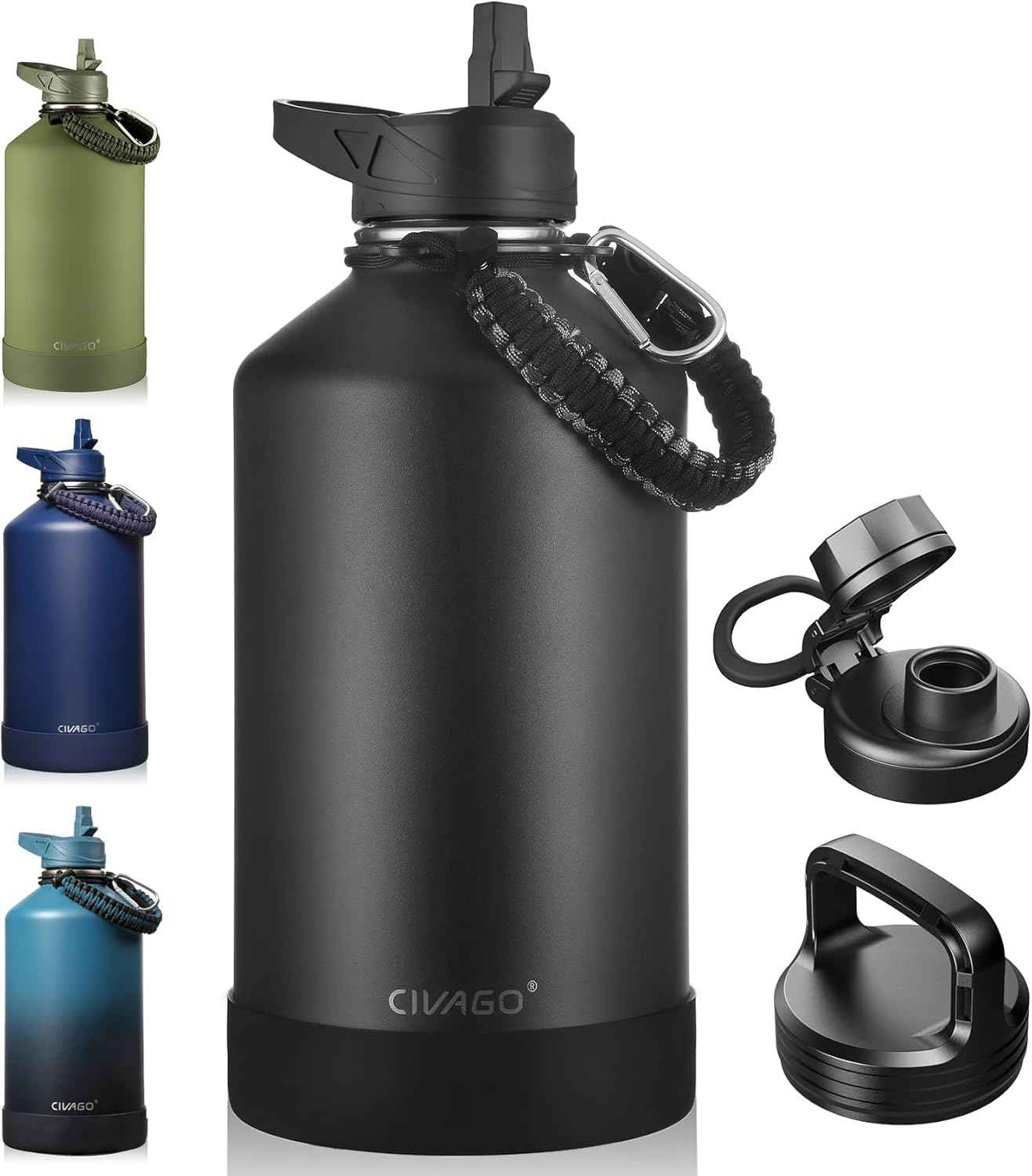 CIVAGO Botella de Agua Aislada 128 oz con 3 Tapas – Pajilla, Boquilla y Asa | Jarra Deportiva de Acero Inoxidable 1 Galón | Taza Térmica Grande Negro Medianoche