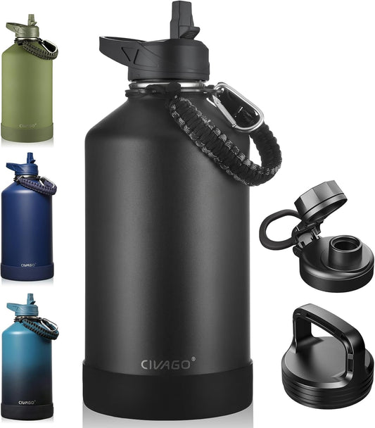 CIVAGO Botella de Agua Aislada de 128 Onzas con Pajilla y 3 Tapas – Acero Inoxidable para Deportes, Viajes y Gimnasio