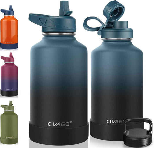 CIVAGO Botella de Agua Aislada 128 oz con 3 Tapas – Pajilla, Boquilla y Asa | Jarra Deportiva de Acero Inoxidable 1 Galón | Taza Térmica Grande Negro Medianoche