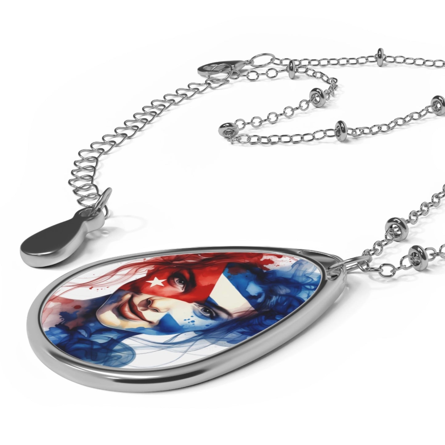 Patriotic Watercolor Portrait Oval Necklace