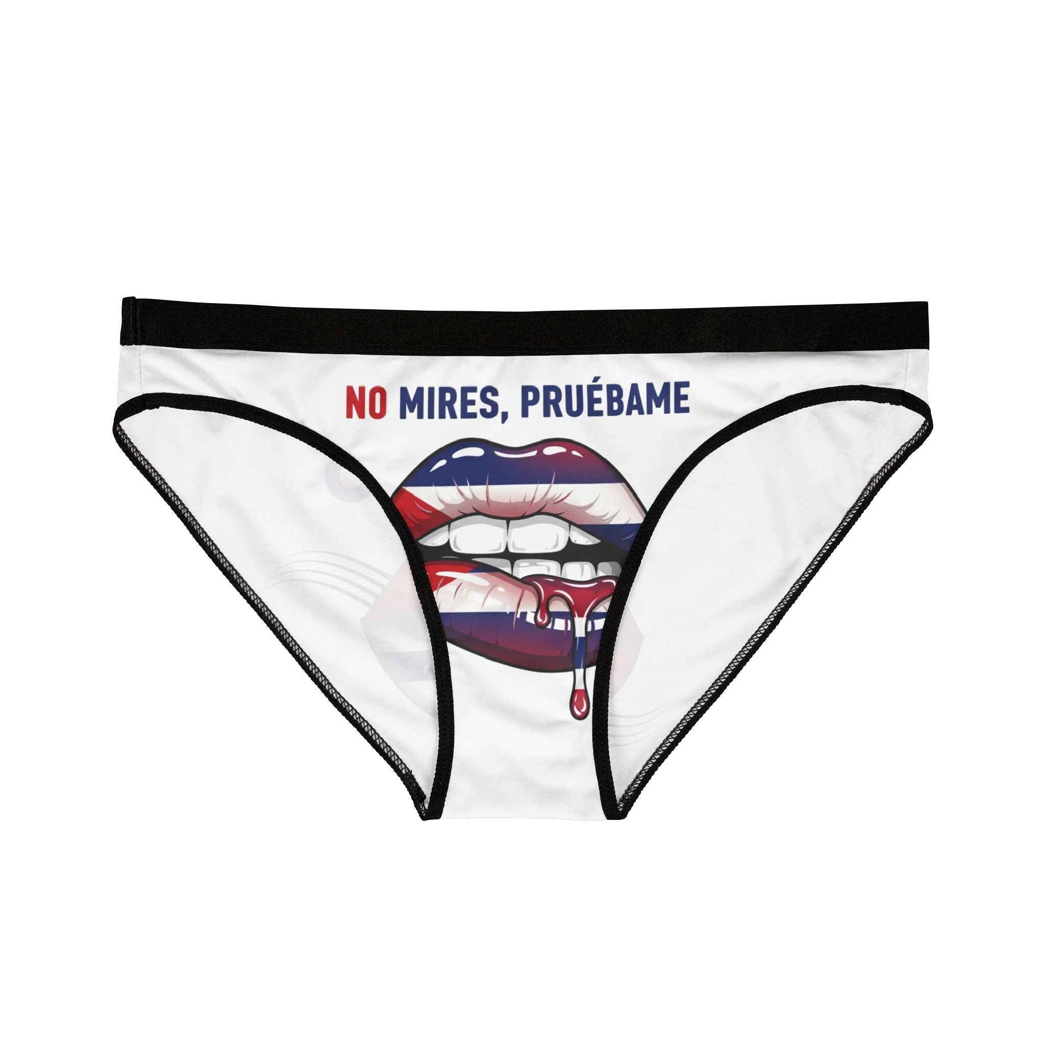 Graphic Lip Print Women's Bikini Briefs — "No Mires, Pruébame" Spanish Slogan